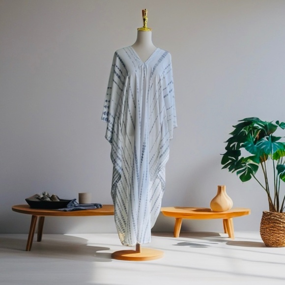 0129 / White purple Shibori Tie Dye Long Kaftan - Picture 12 of 12